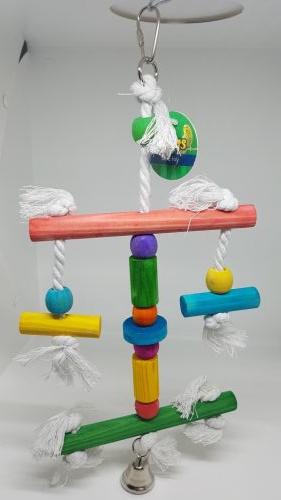 Hanging Bird Toy 17cm Wood Perches Blocks & Bell on 30cm Rope