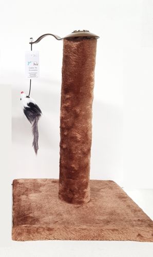 Cat Post Fluffy Brown Fabric with Swing arm Dangle Rat